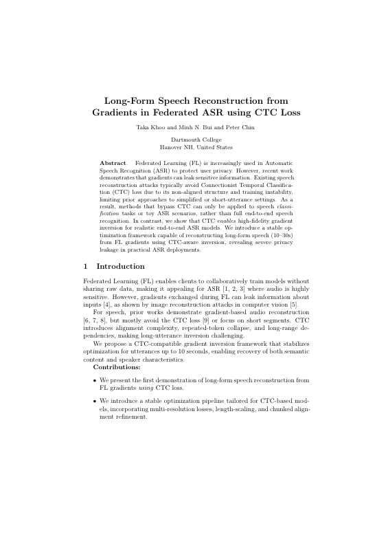 First page of Long-Form Speech Reconstruction from Gradients in Federated ASR