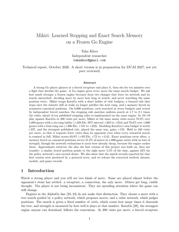 Cover of Mikiri: Learned Stopping and Exact Search Memory on a Frozen Go Engine