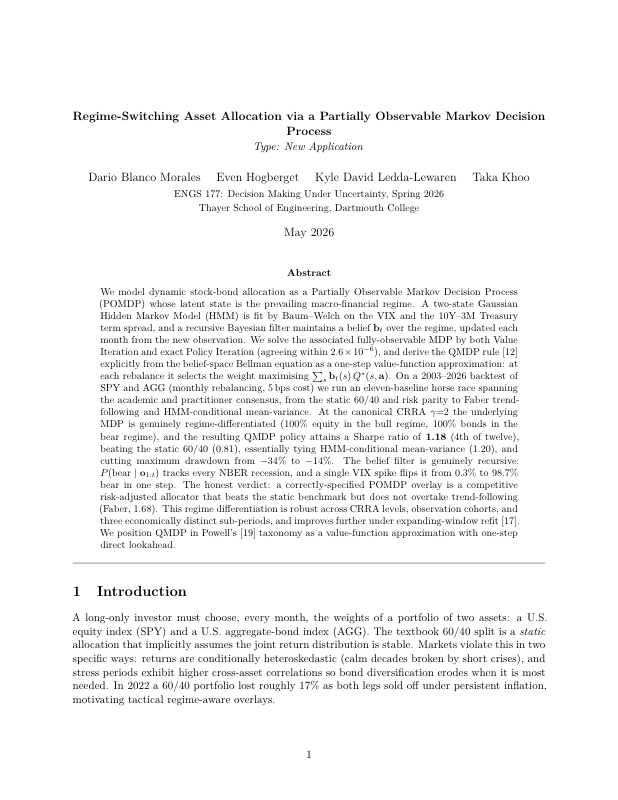 First page of Belief-State Portfolio Allocation as a POMDP