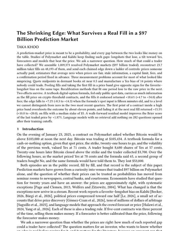 Cover of The Shrinking Edge: What Survives a Real Fill in a $97 Billion Prediction Market
