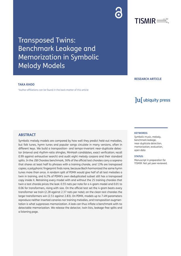Cover of Transposed Twins: Benchmark Leakage and Memorization in Symbolic Melody Models