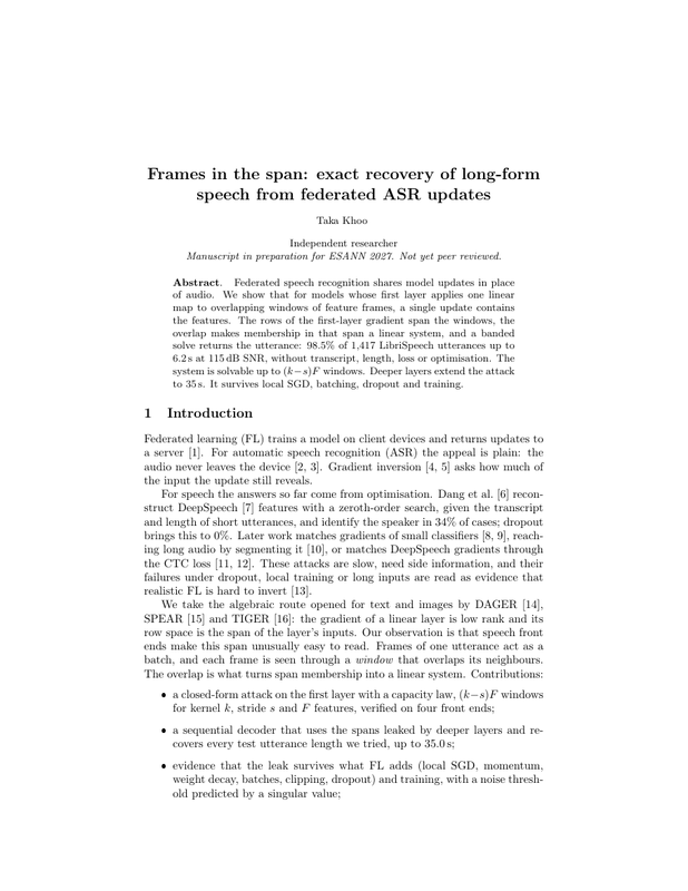 Cover of Frames in the Span: Exact Recovery of Long-Form Speech from Federated ASR Updates