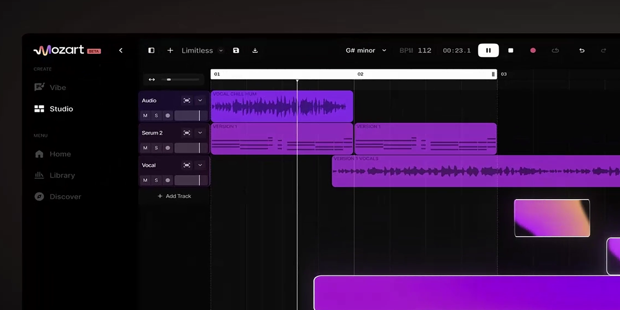A Mozart AI vibe session: generated layers arriving on the timeline beside a collaborator